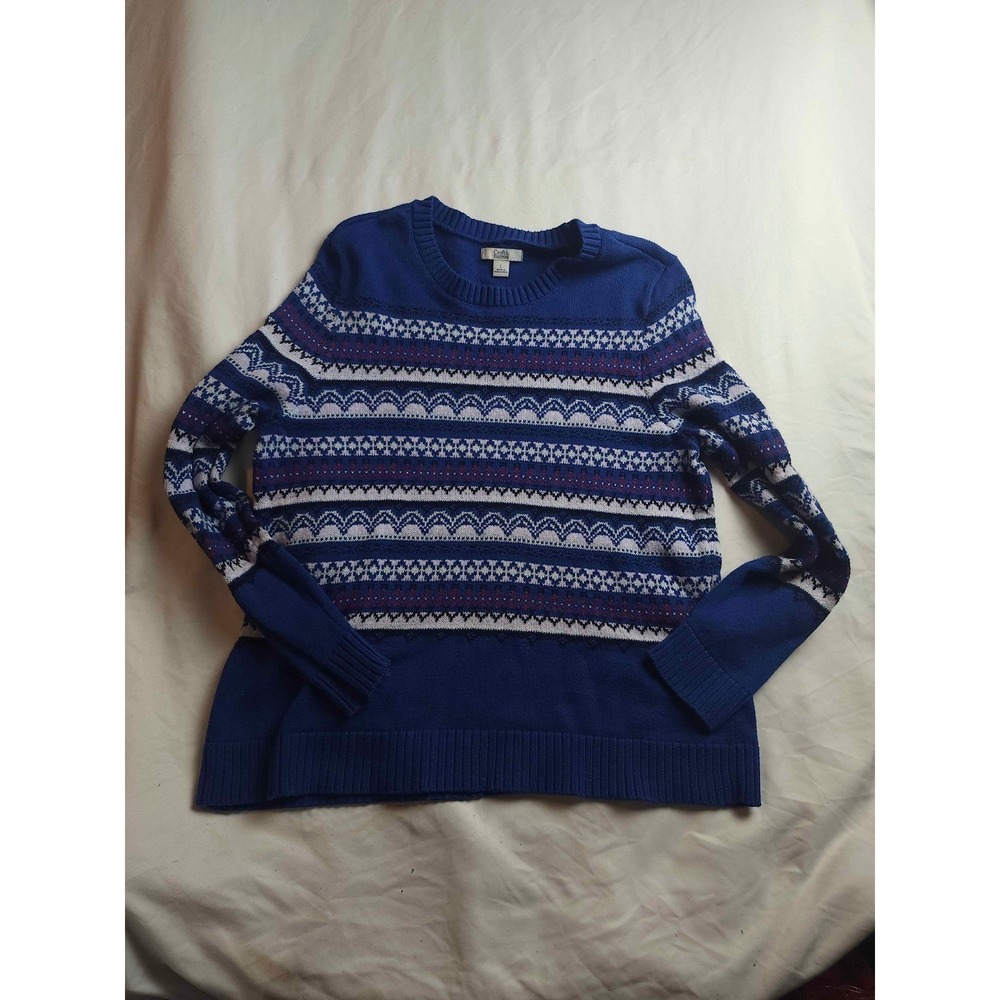 Croft‎ & Barrow Womens Blue Fair Isle Crewneck Knit Sweater Large Cotton Blend